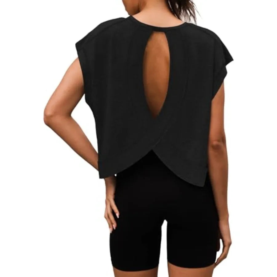 Women Open Back Bamboo Fiber Workout Top For Yoga Tee