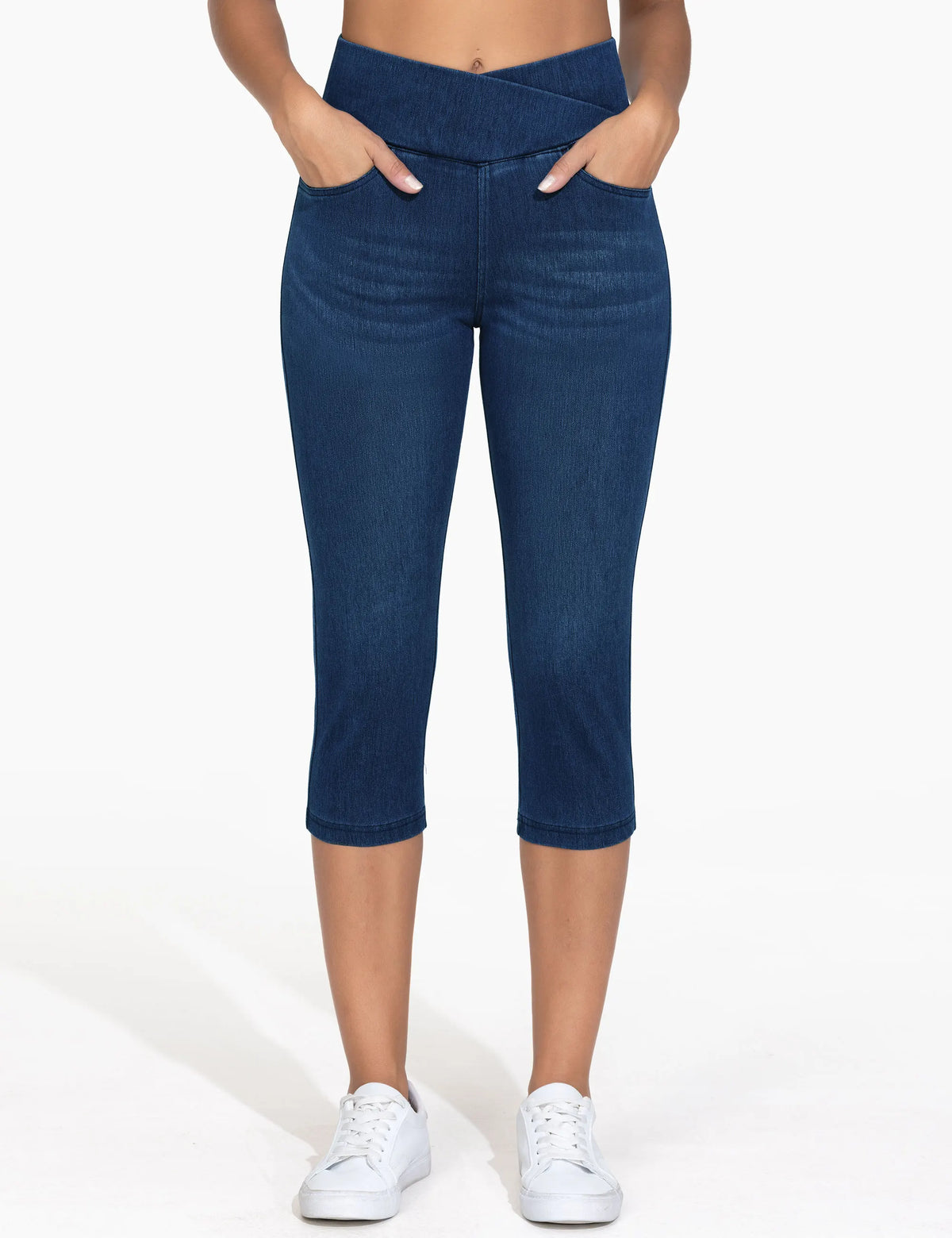 The Gym People Womens Cross Waisted Stretch Denim Capri Jeggings