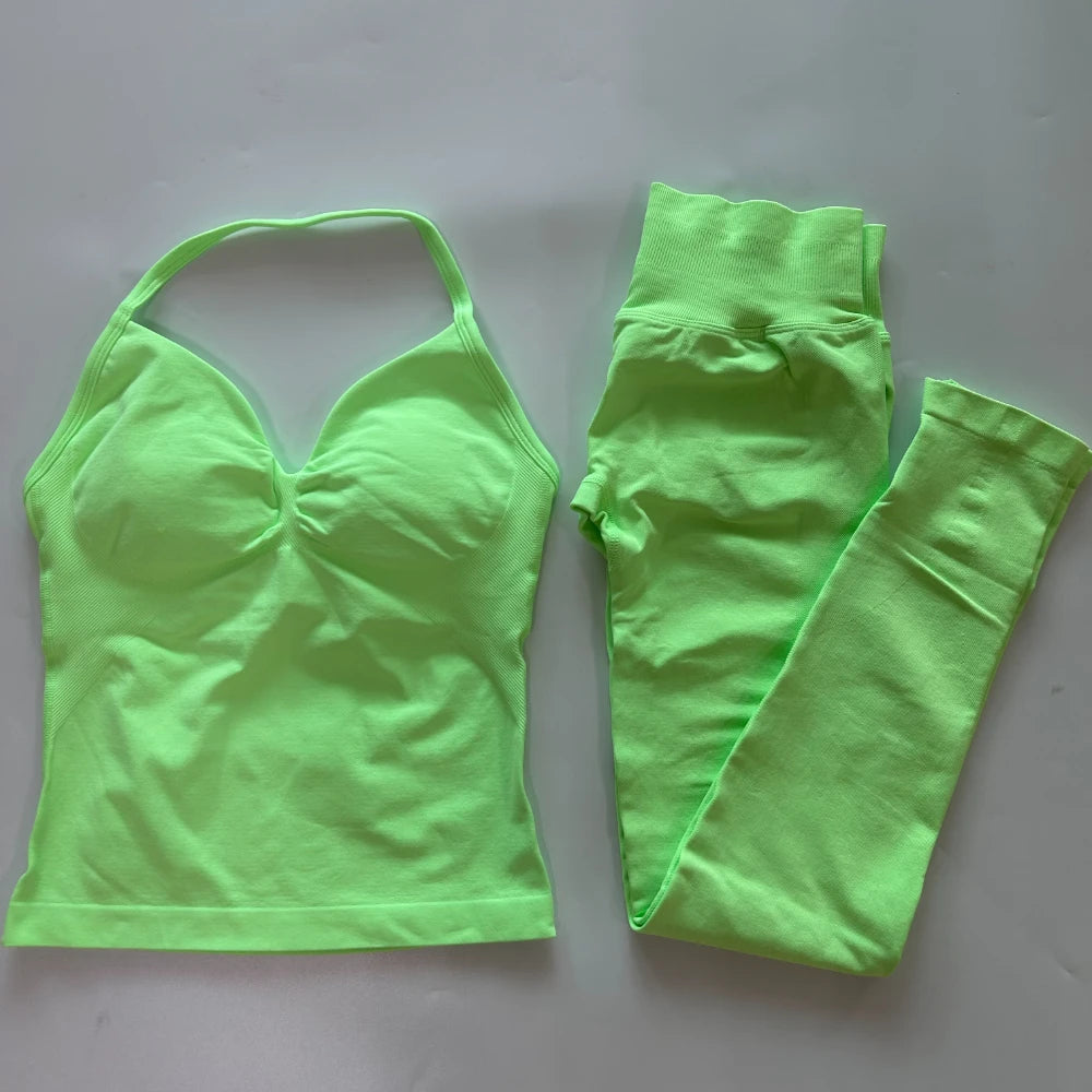 No Logo Seamless Gym Set Women Tank Tops Leggings Fitness