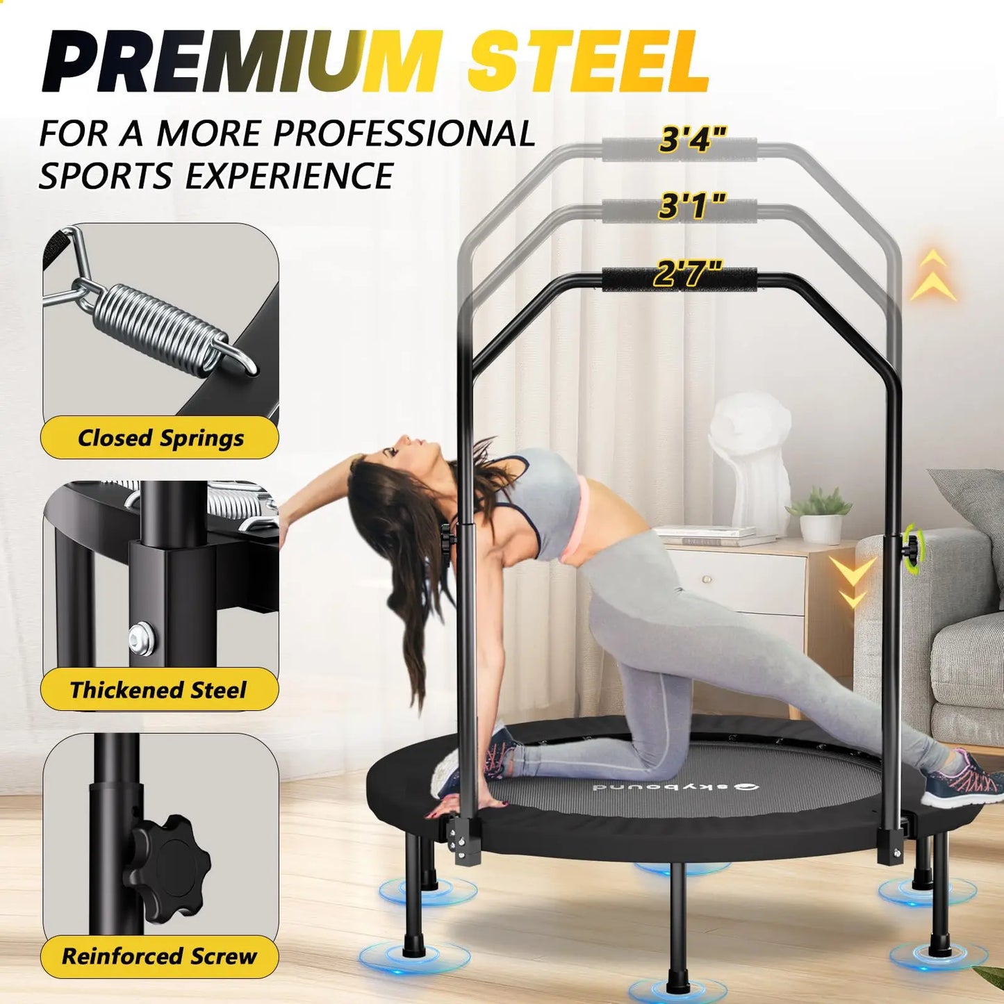 Foldable Mini Trampoline Fitness Rebounder With Adjustable Handle For Adults
