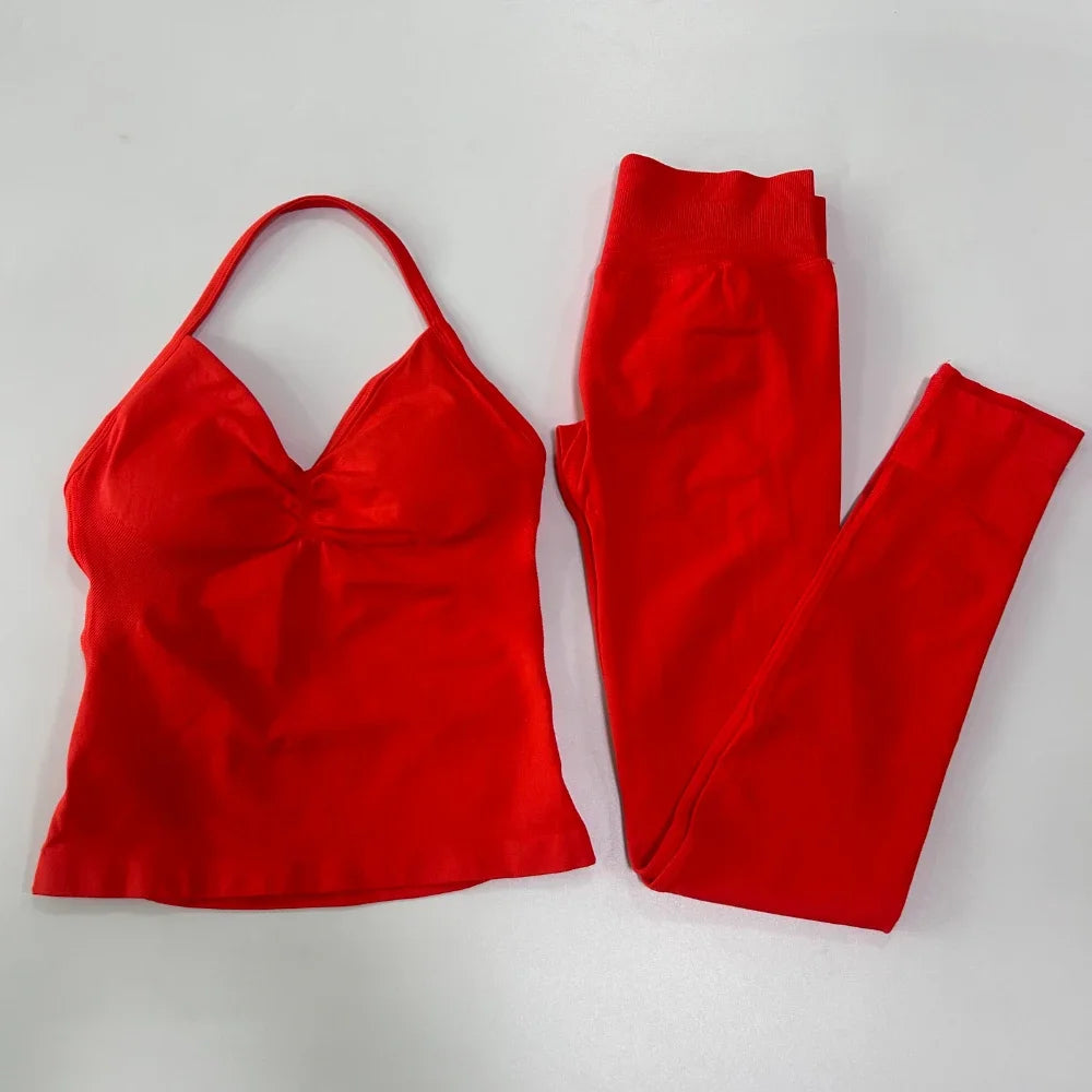 No Logo Seamless Gym Set Women Tank Tops Leggings Fitness
