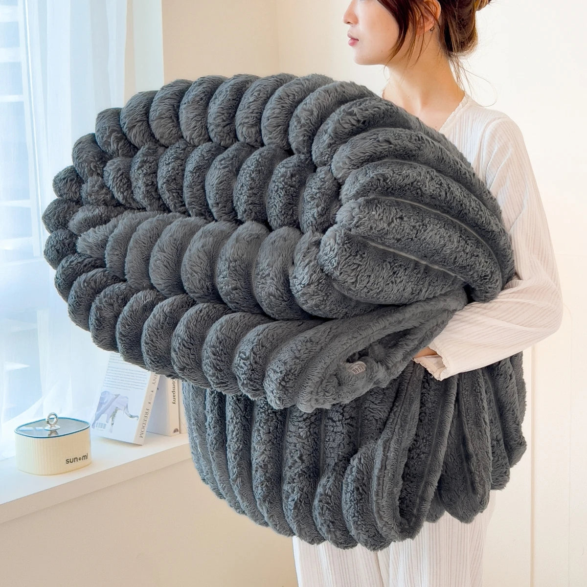 Thickened Wide Striped Coral Fleece Blanket For Bed Nap Pet