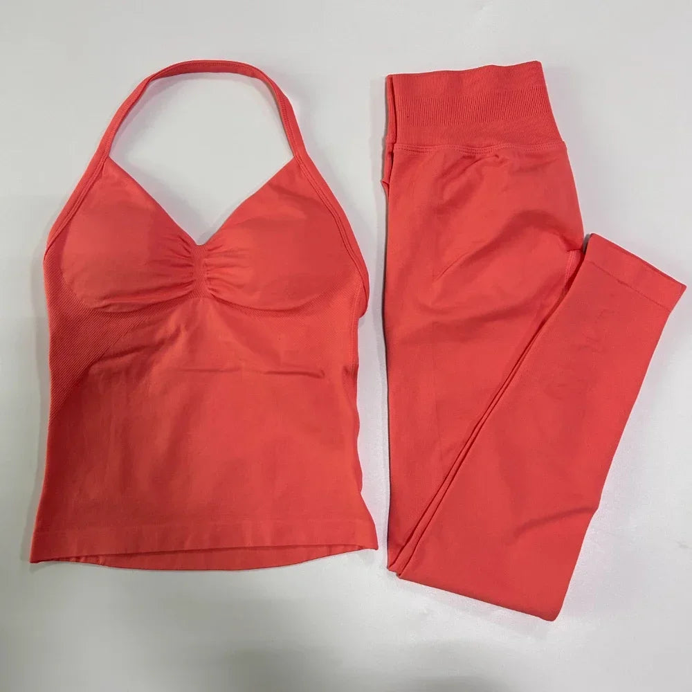 No Logo Seamless Gym Set Women Tank Tops Leggings Fitness