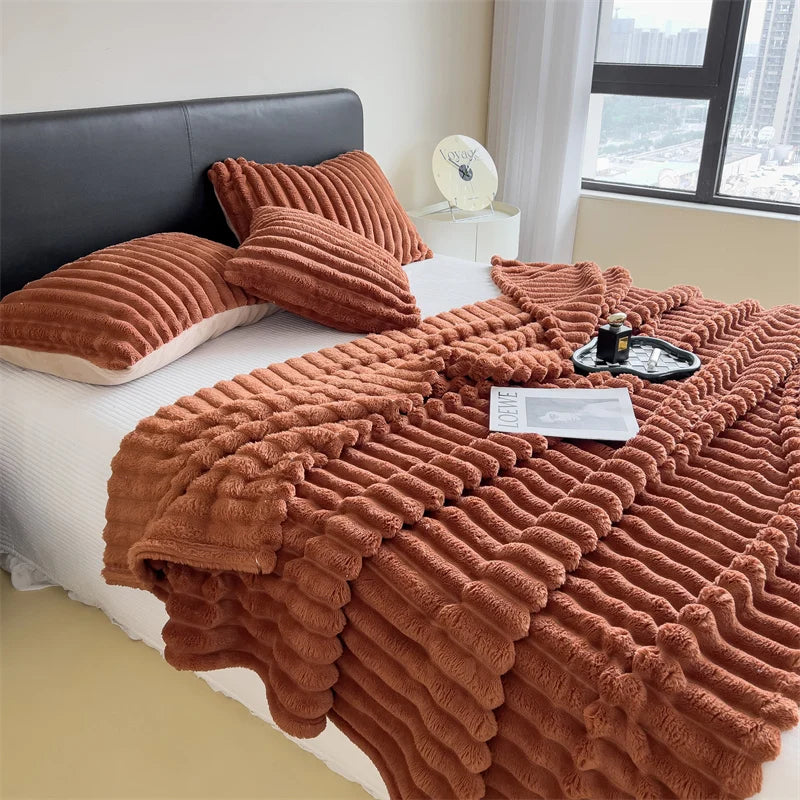 Thickened Wide Striped Coral Fleece Blanket For Bed Nap Pet