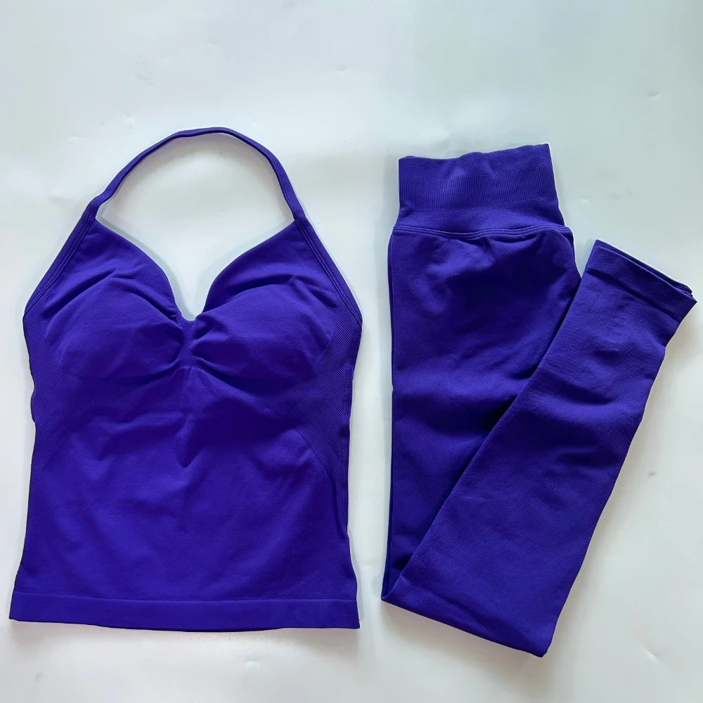 No Logo Seamless Gym Set Women Tank Tops Leggings Fitness