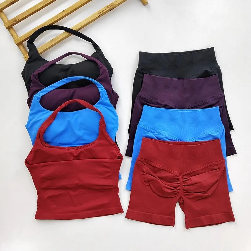 Yoga 2 Piece Gym Set Women Backless Halter Tops Shorts