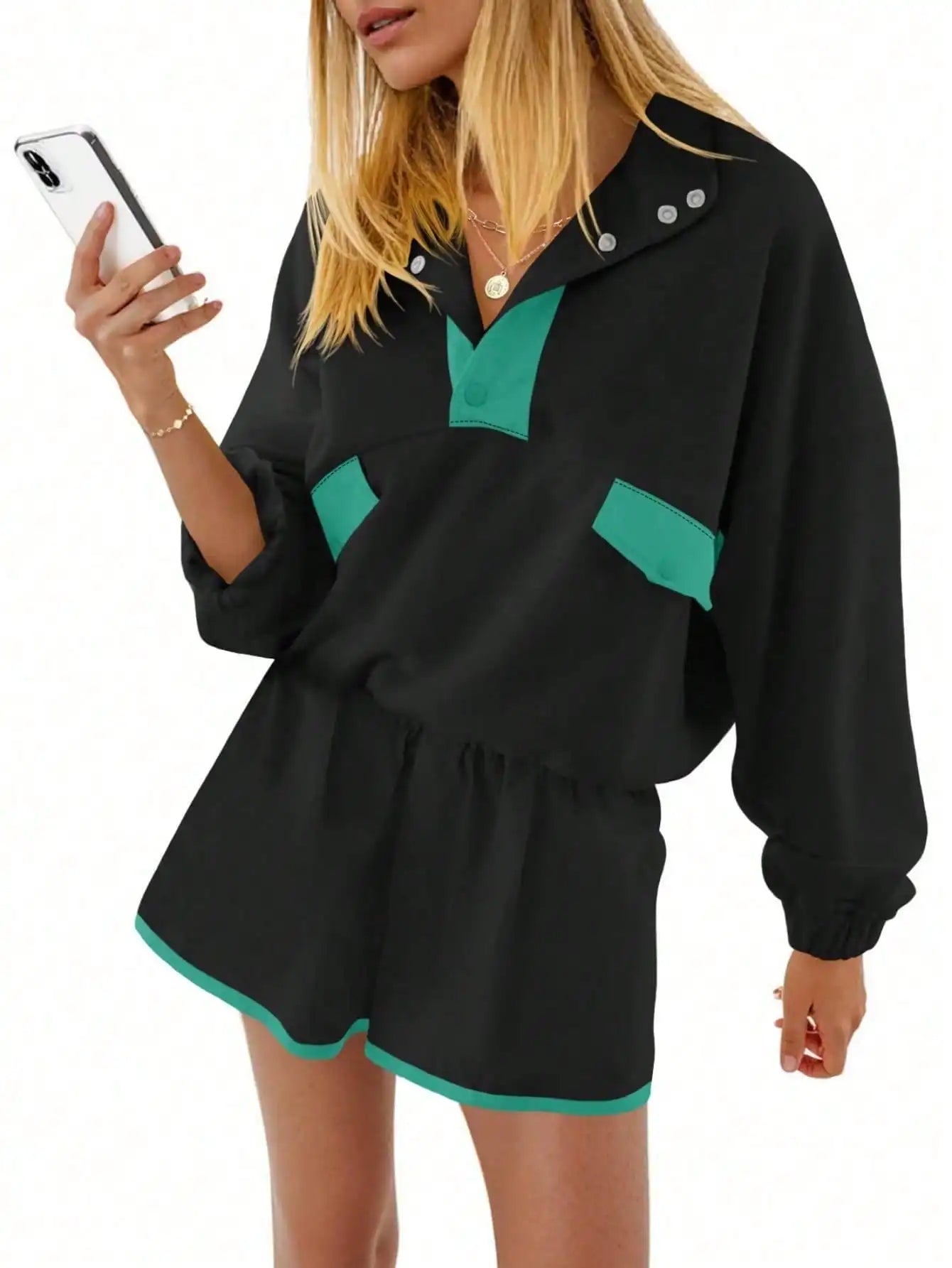 Fisoew Womens Two Piece Color Block Lounge Set Tracksuit