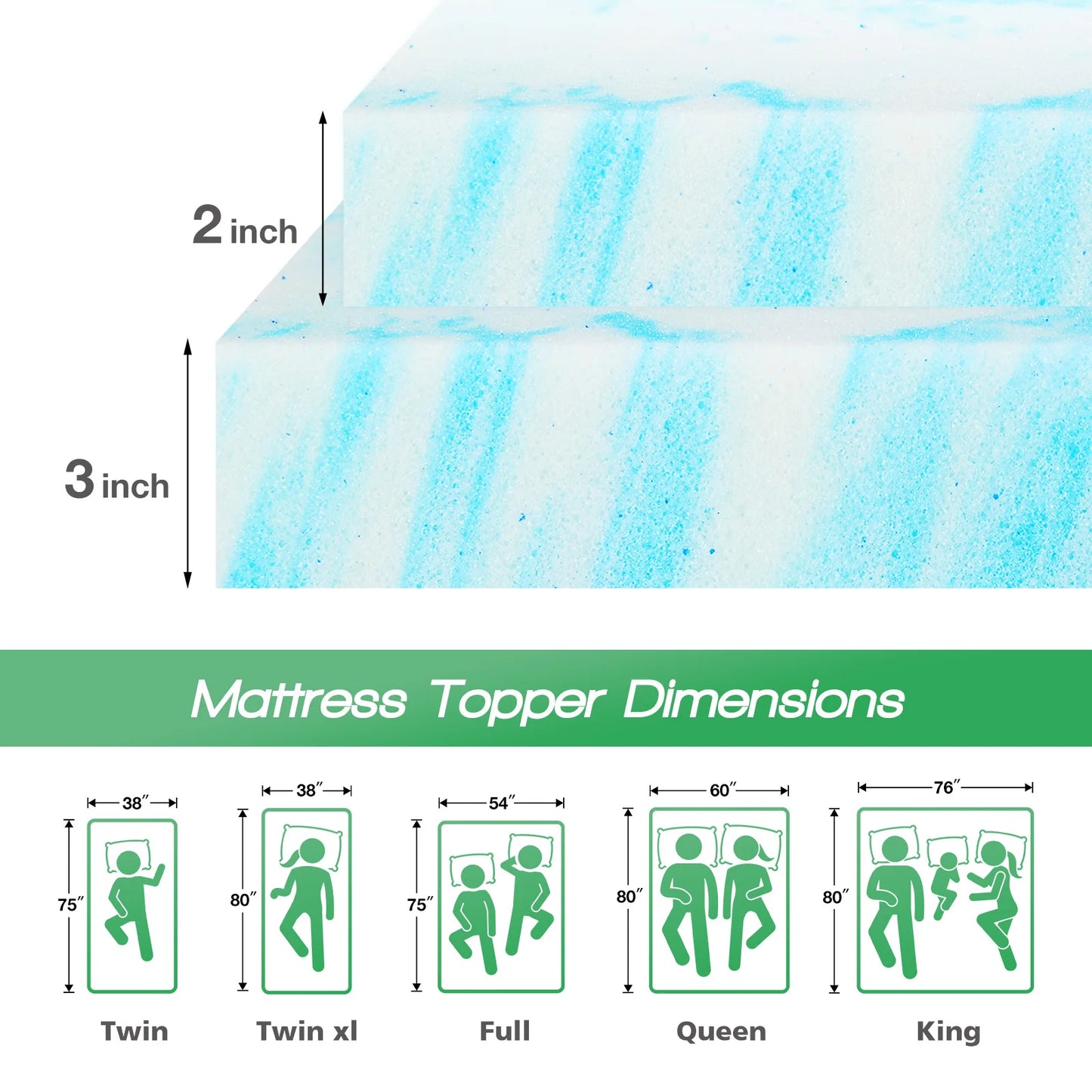 JHK Gel Memory Foam Mattress Topper Cooling Soft Breathable Bed