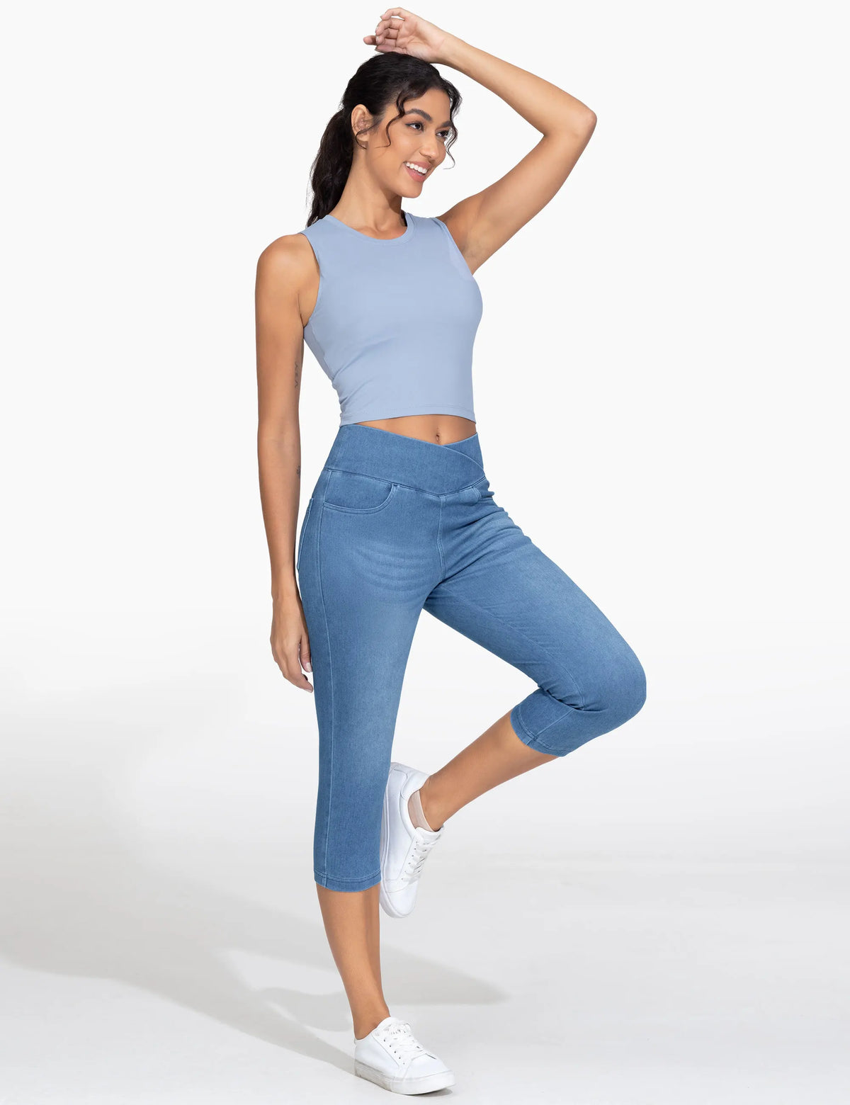 The Gym People Womens Cross Waisted Stretch Denim Capri Jeggings