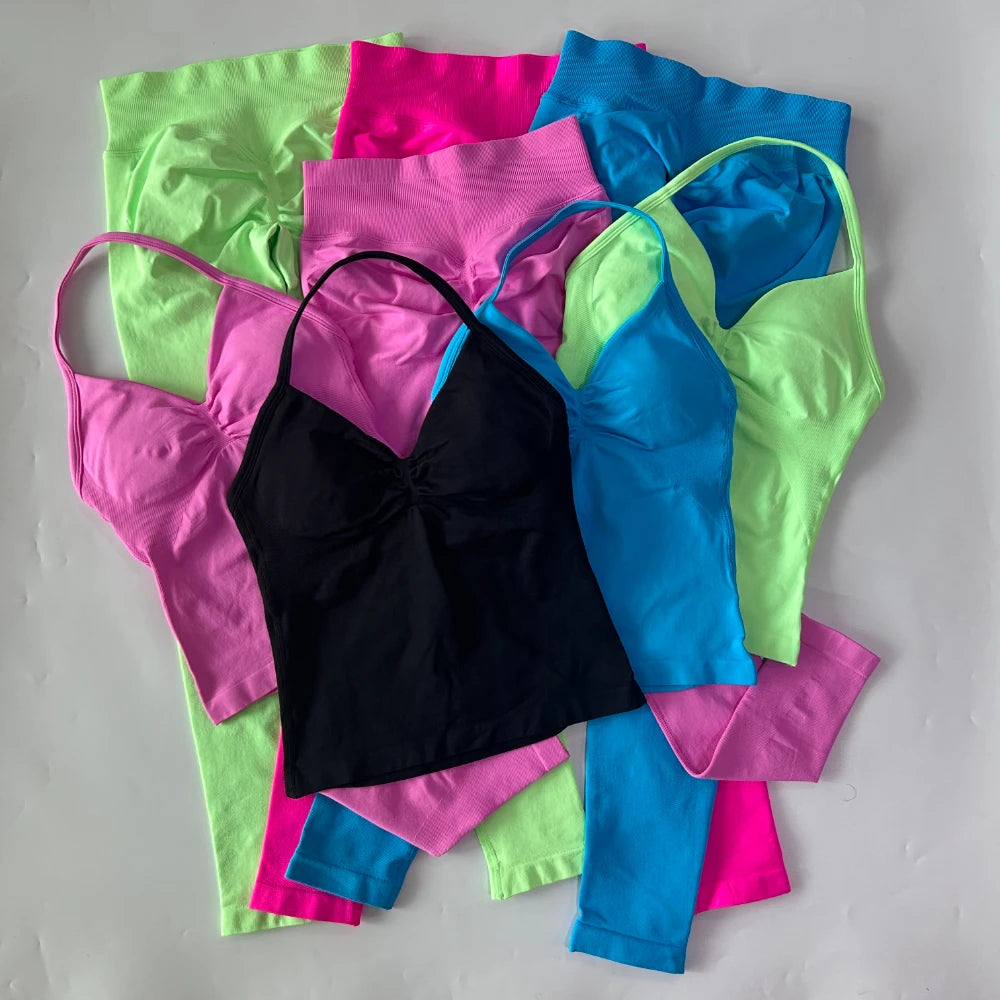 No Logo Seamless Gym Set Women Tank Tops Leggings Fitness