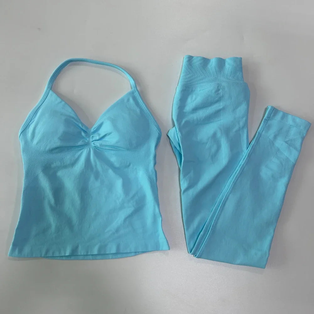 No Logo Seamless Gym Set Women Tank Tops Leggings Fitness