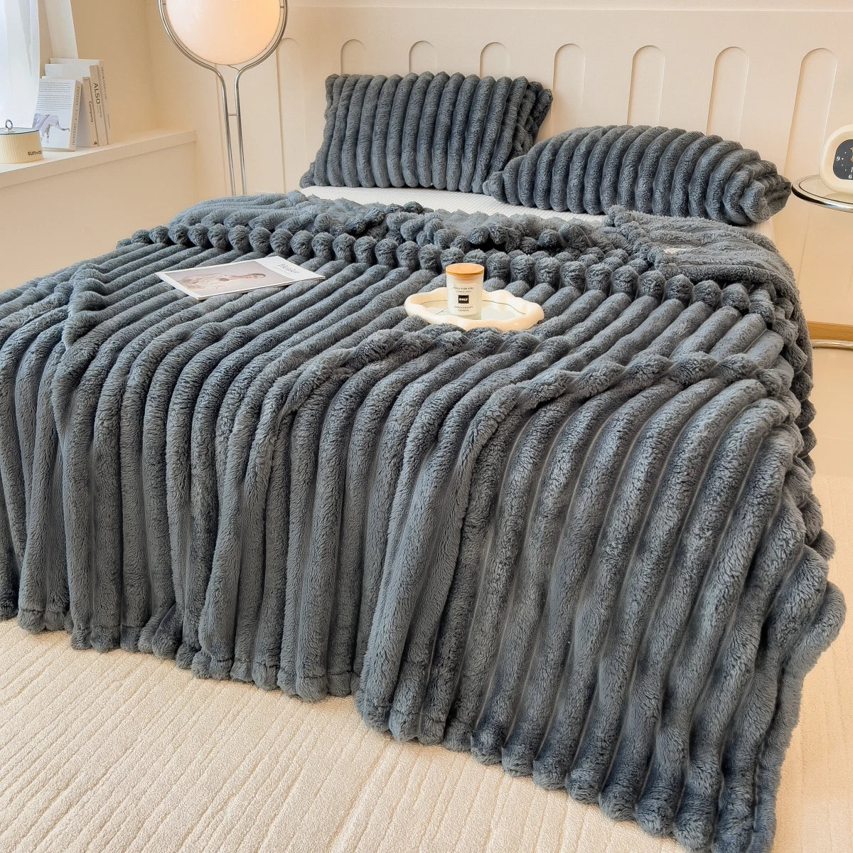 Thickened Wide Striped Coral Fleece Blanket For Bed Nap Pet