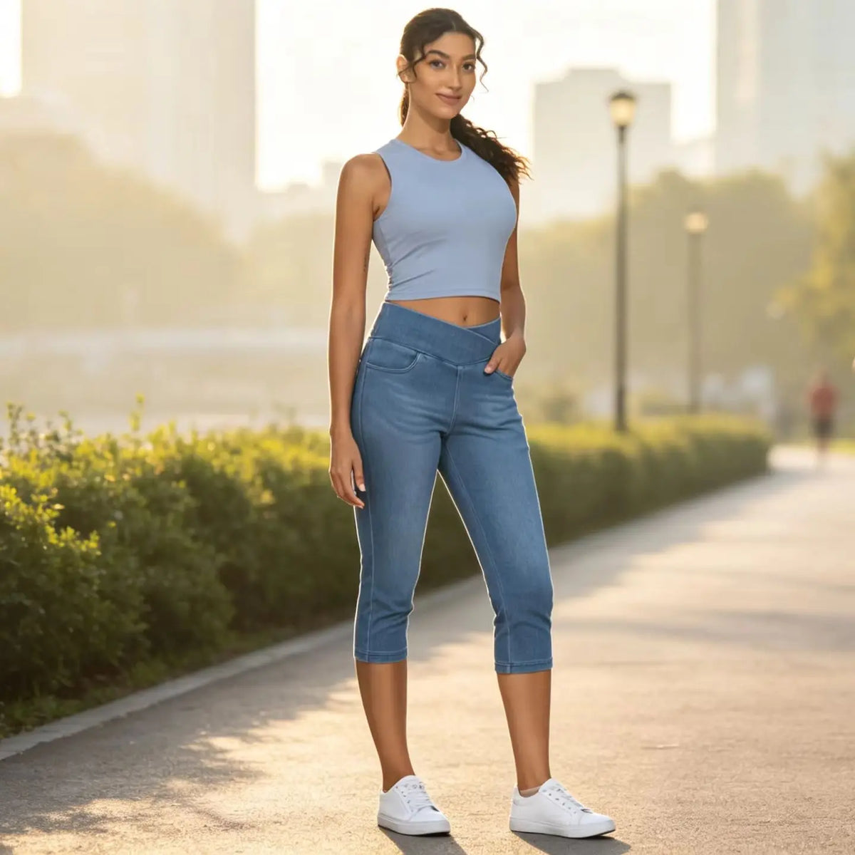 The Gym People Womens Cross Waisted Stretch Denim Capri Jeggings