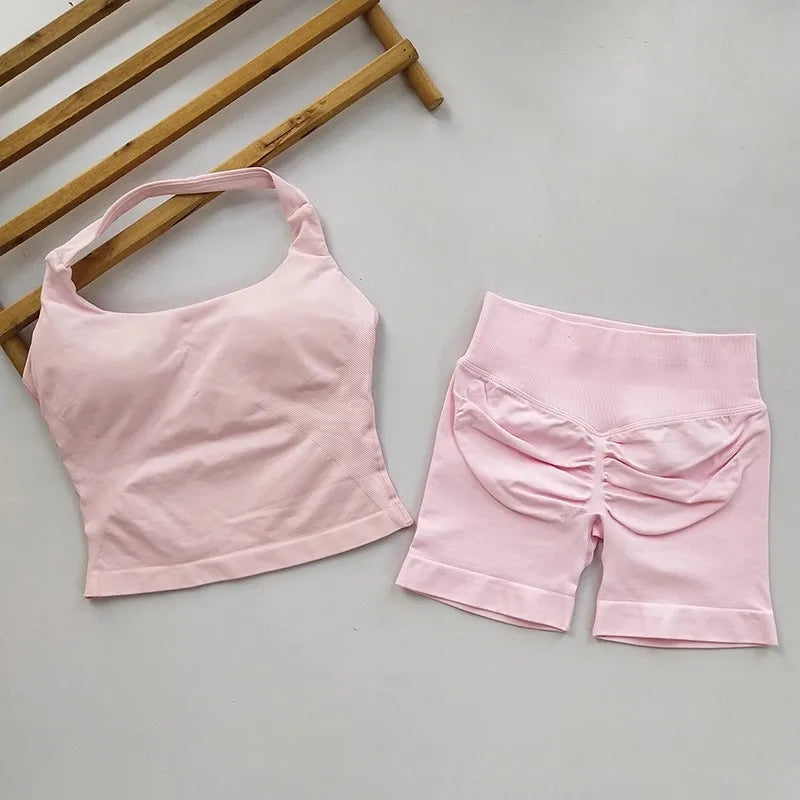 Yoga 2 Piece Gym Set Women Backless Halter Tops Shorts