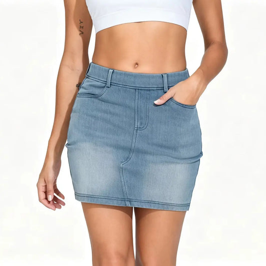 THE GYM PEOPLE Women's High Waisted Stretch Denim Skirt Pockets