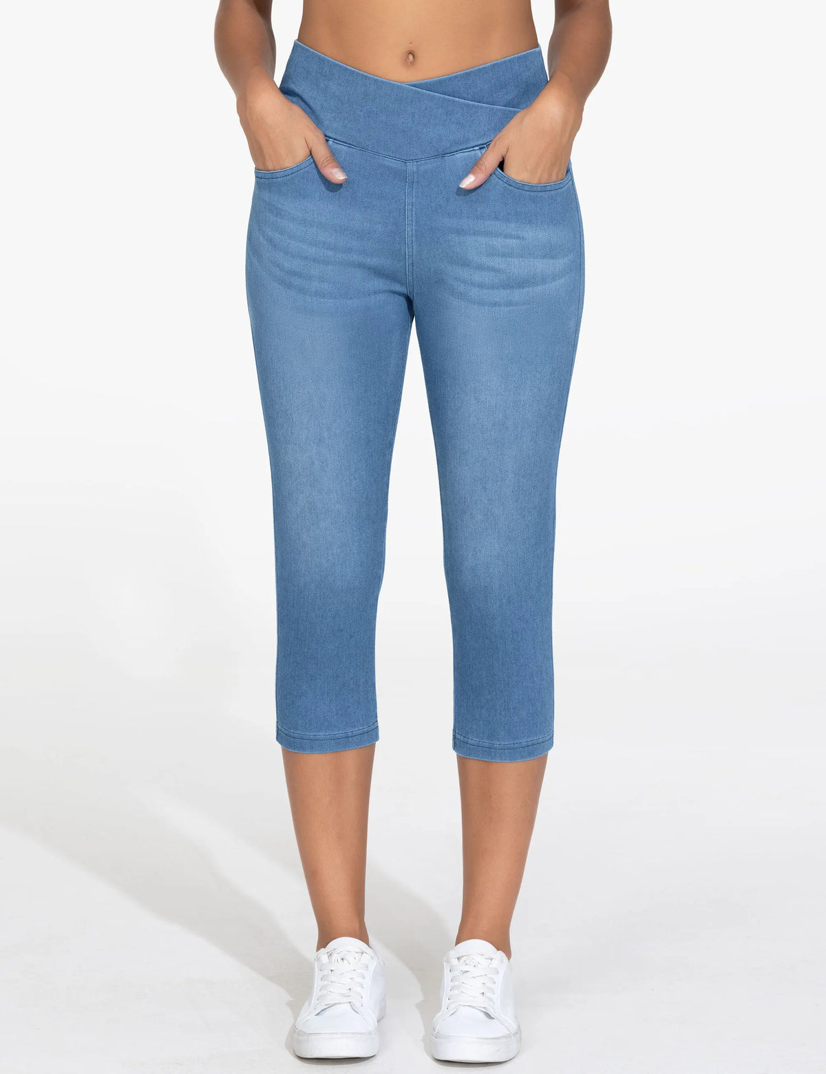 The Gym People Womens Cross Waisted Stretch Denim Capri Jeggings