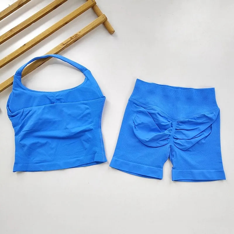 Yoga 2 Piece Gym Set Women Backless Halter Tops Shorts