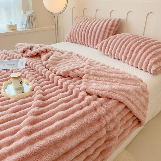 Thickened Wide Striped Coral Fleece Blanket For Bed Nap Pet