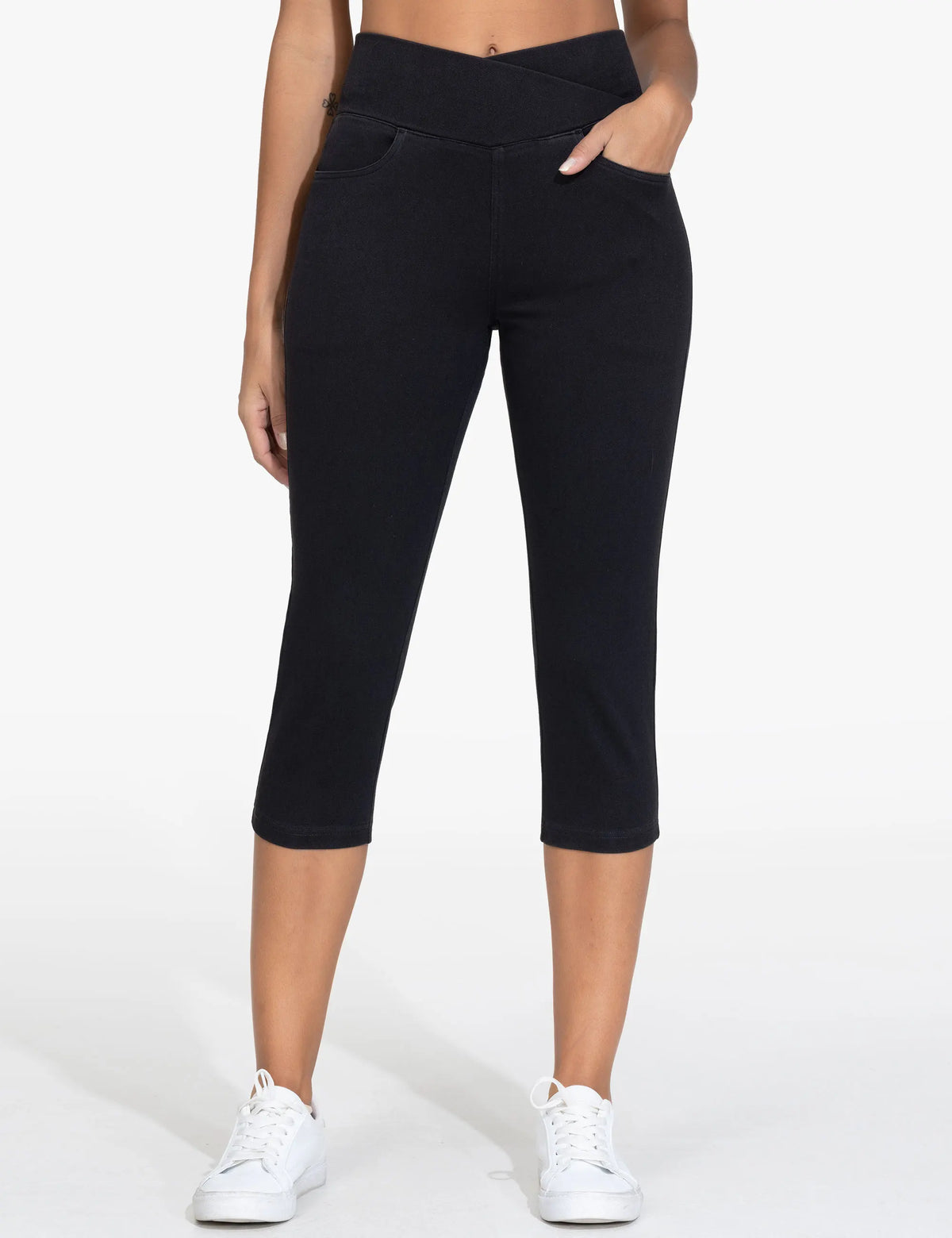 The Gym People Womens Cross Waisted Stretch Denim Capri Jeggings