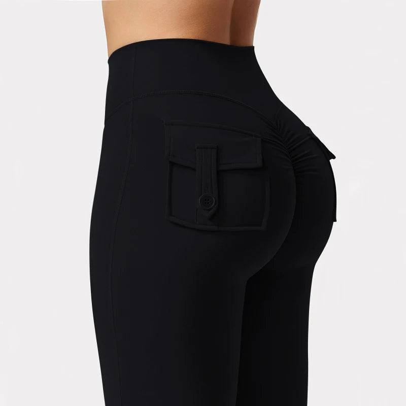 Summer Womens Cargo Pocket Fitness Tights High Waist Yoga Running