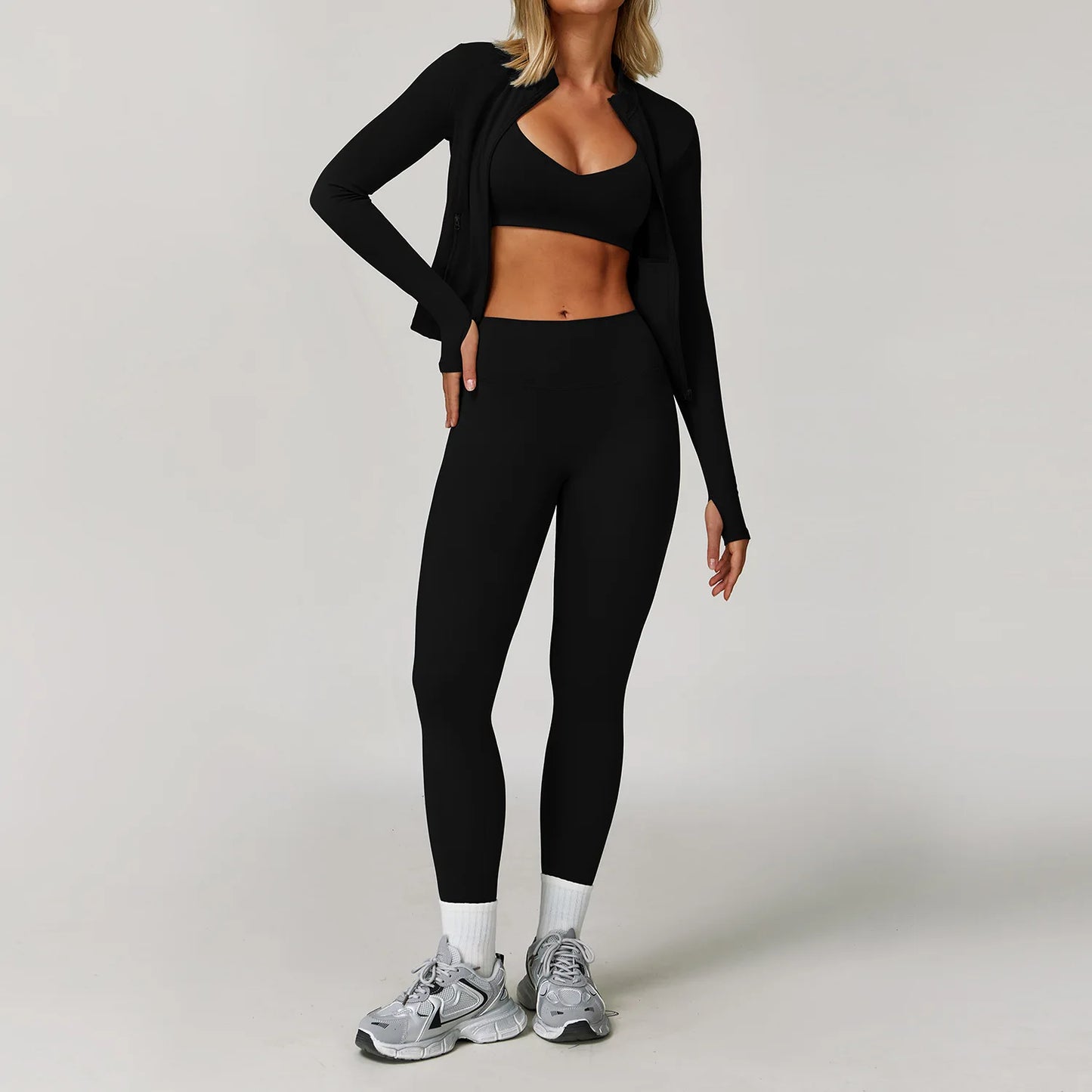 NONECN Women Yoga Bra Jacket High Waist Leggings Shorts Set