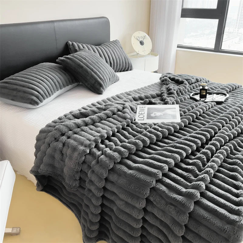Thickened Wide Striped Coral Fleece Blanket For Bed Nap Pet