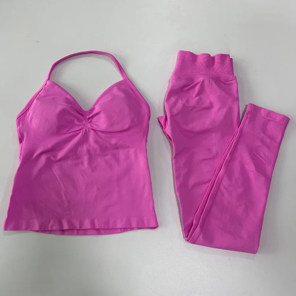 No Logo Seamless Gym Set Women Tank Tops Leggings Fitness