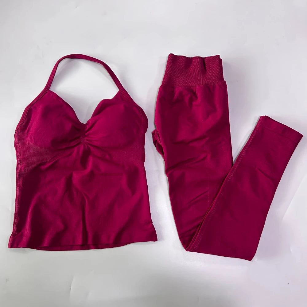 No Logo Seamless Gym Set Women Tank Tops Leggings Fitness