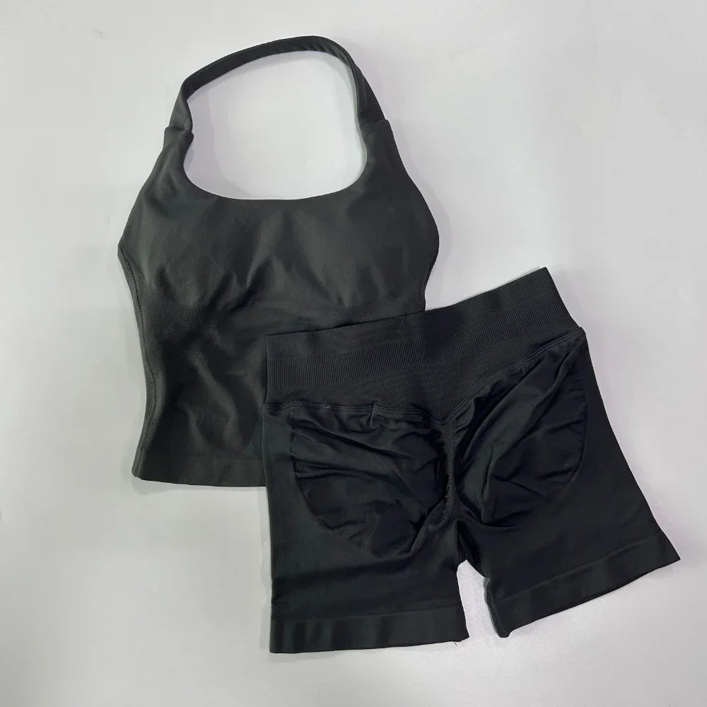 Yoga 2 Piece Gym Set Women Backless Halter Tops Shorts