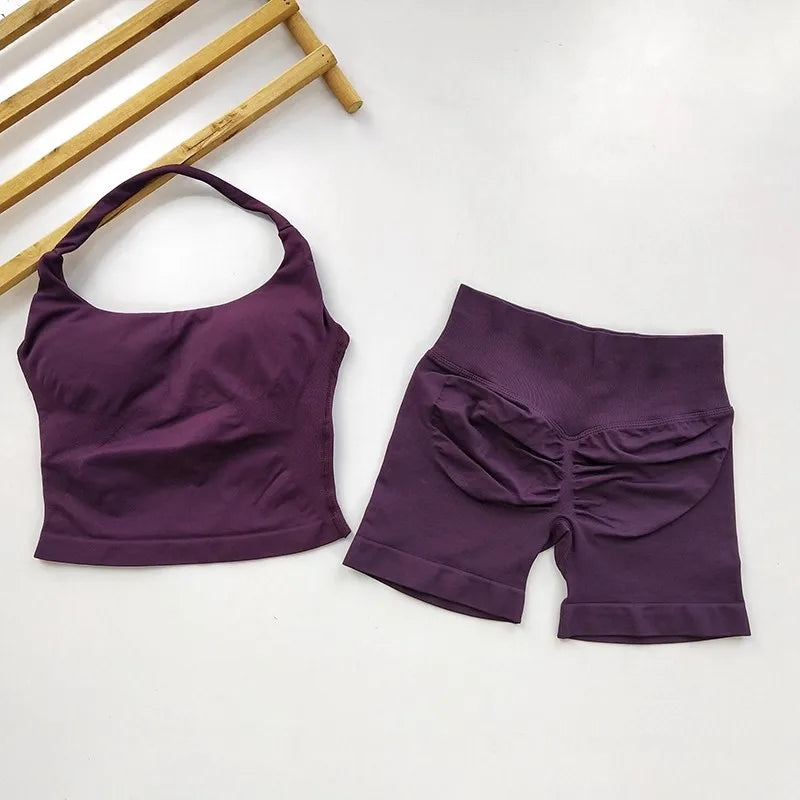 Yoga 2 Piece Gym Set Women Backless Halter Tops Shorts