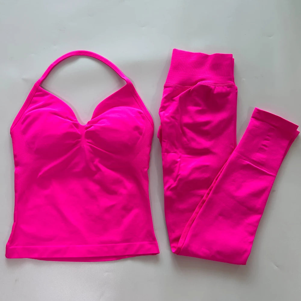 No Logo Seamless Gym Set Women Tank Tops Leggings Fitness