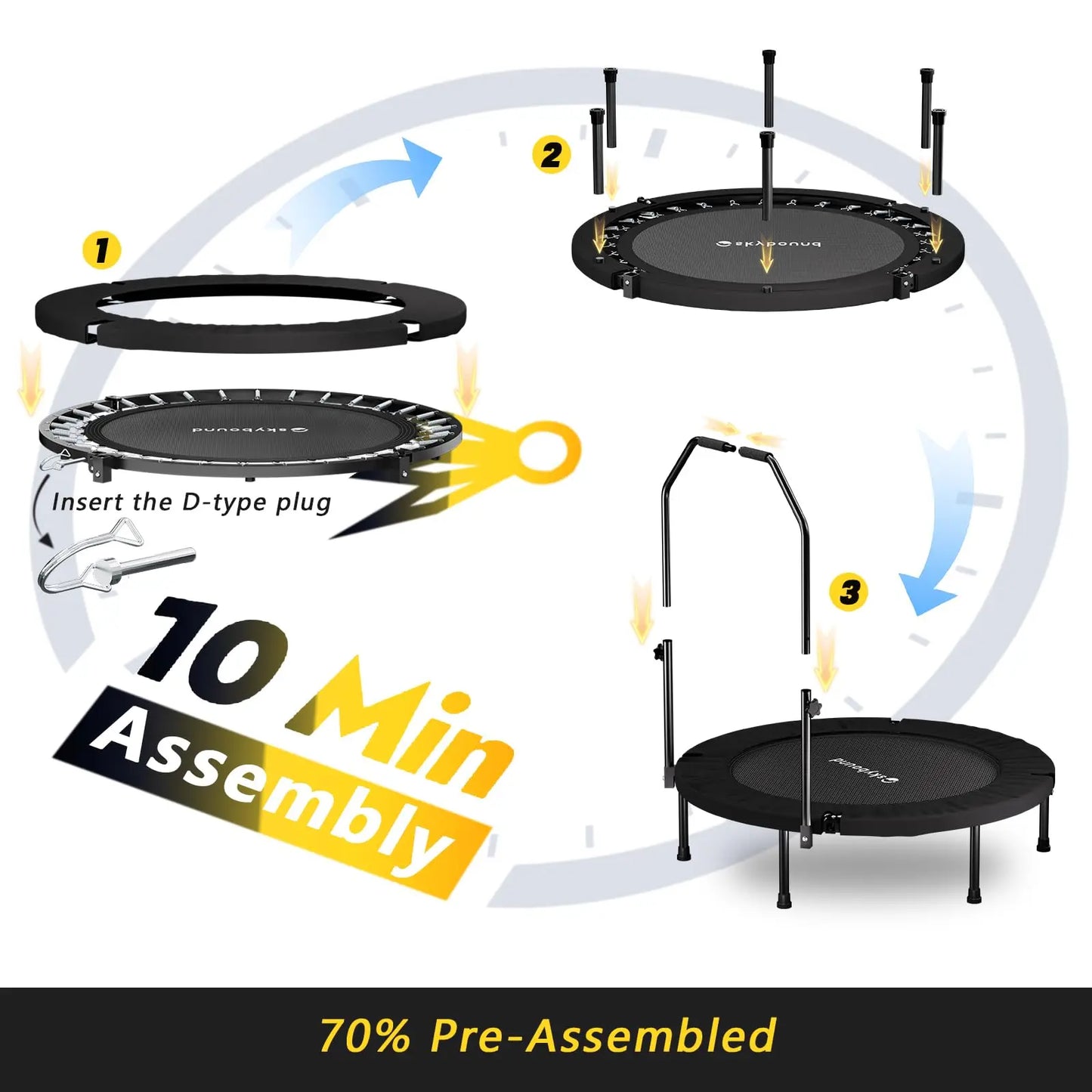Foldable Mini Trampoline Fitness Rebounder With Adjustable Handle For Adults