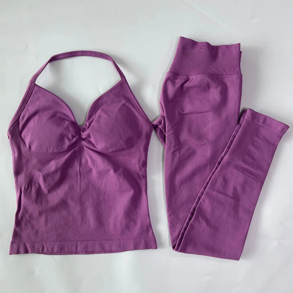 No Logo Seamless Gym Set Women Tank Tops Leggings Fitness
