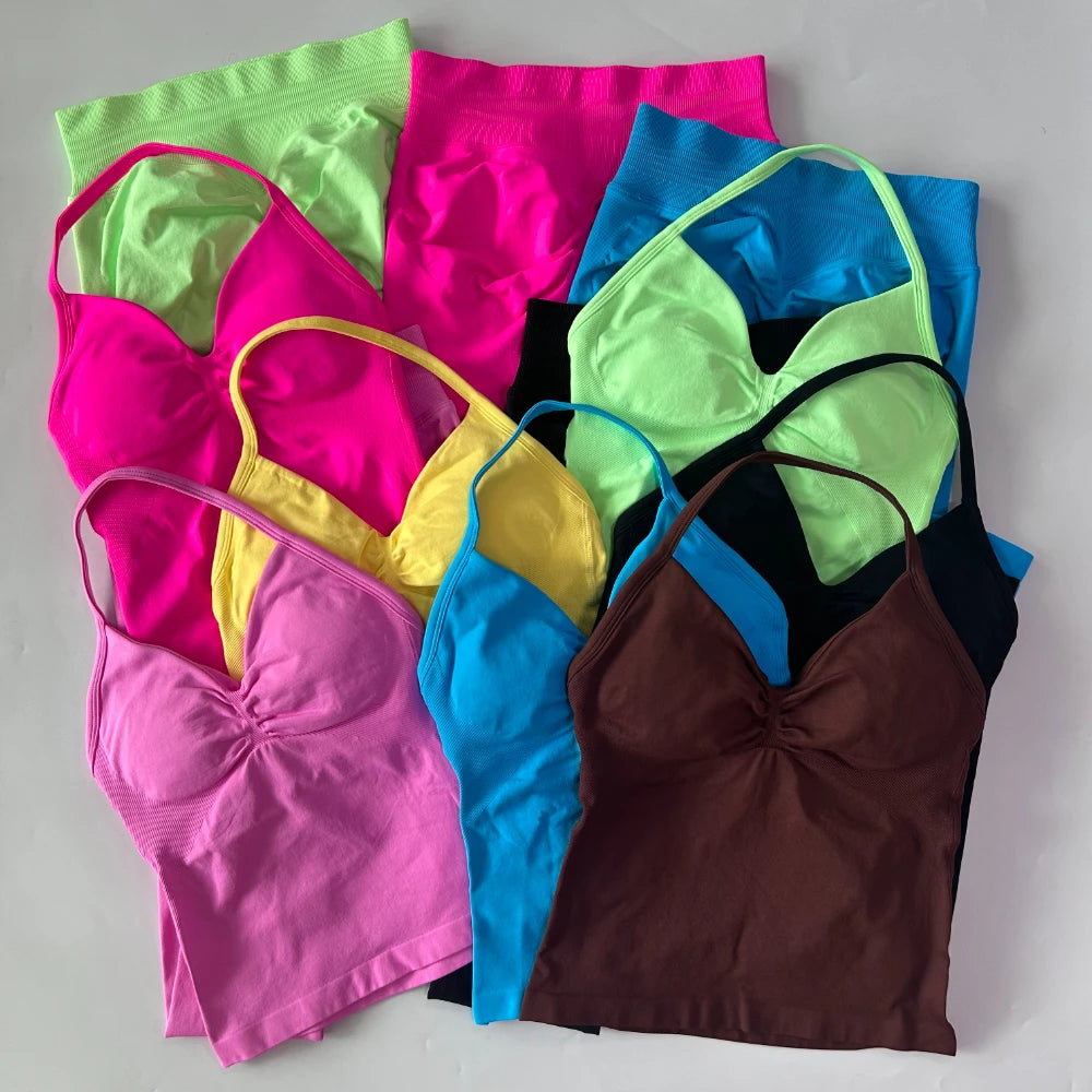 No Logo Seamless Gym Set Women Tank Tops Leggings Fitness