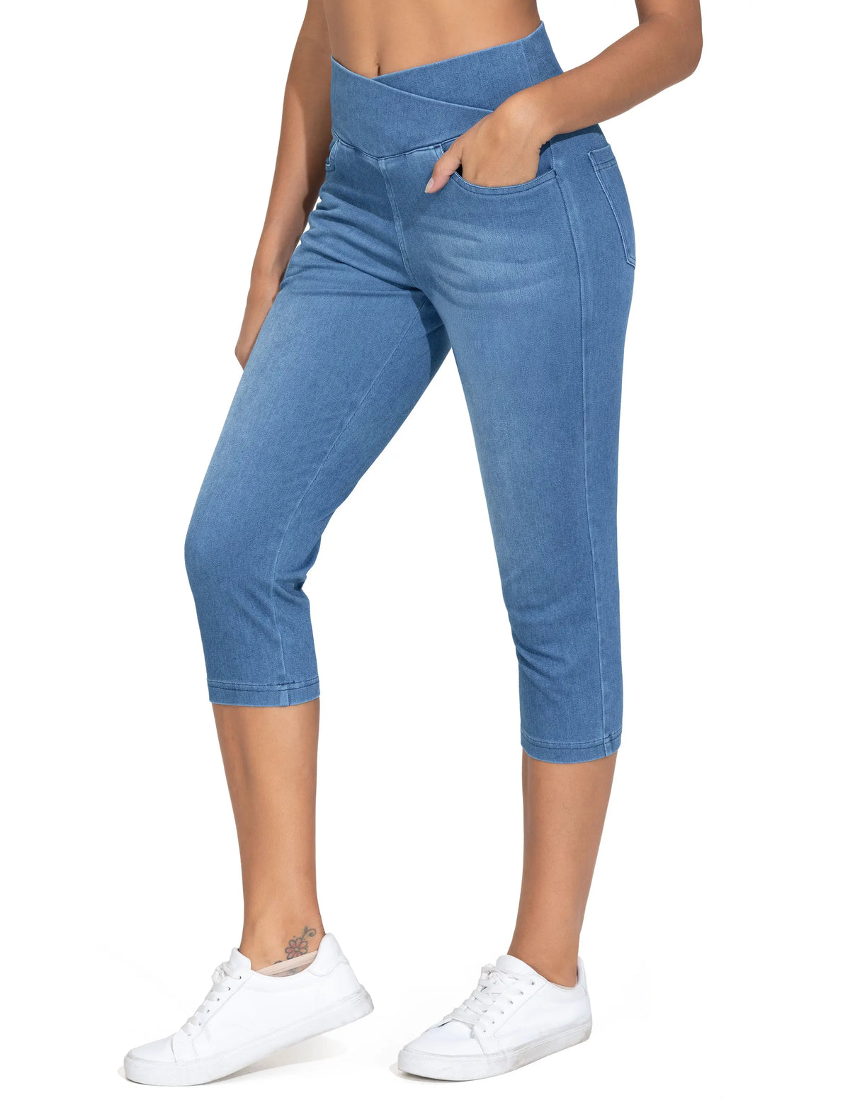 The Gym People Womens Cross Waisted Stretch Denim Capri Jeggings