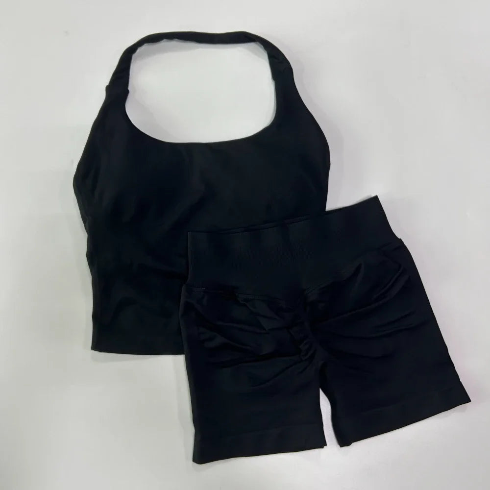 Yoga 2 Piece Gym Set Women Backless Halter Tops Shorts