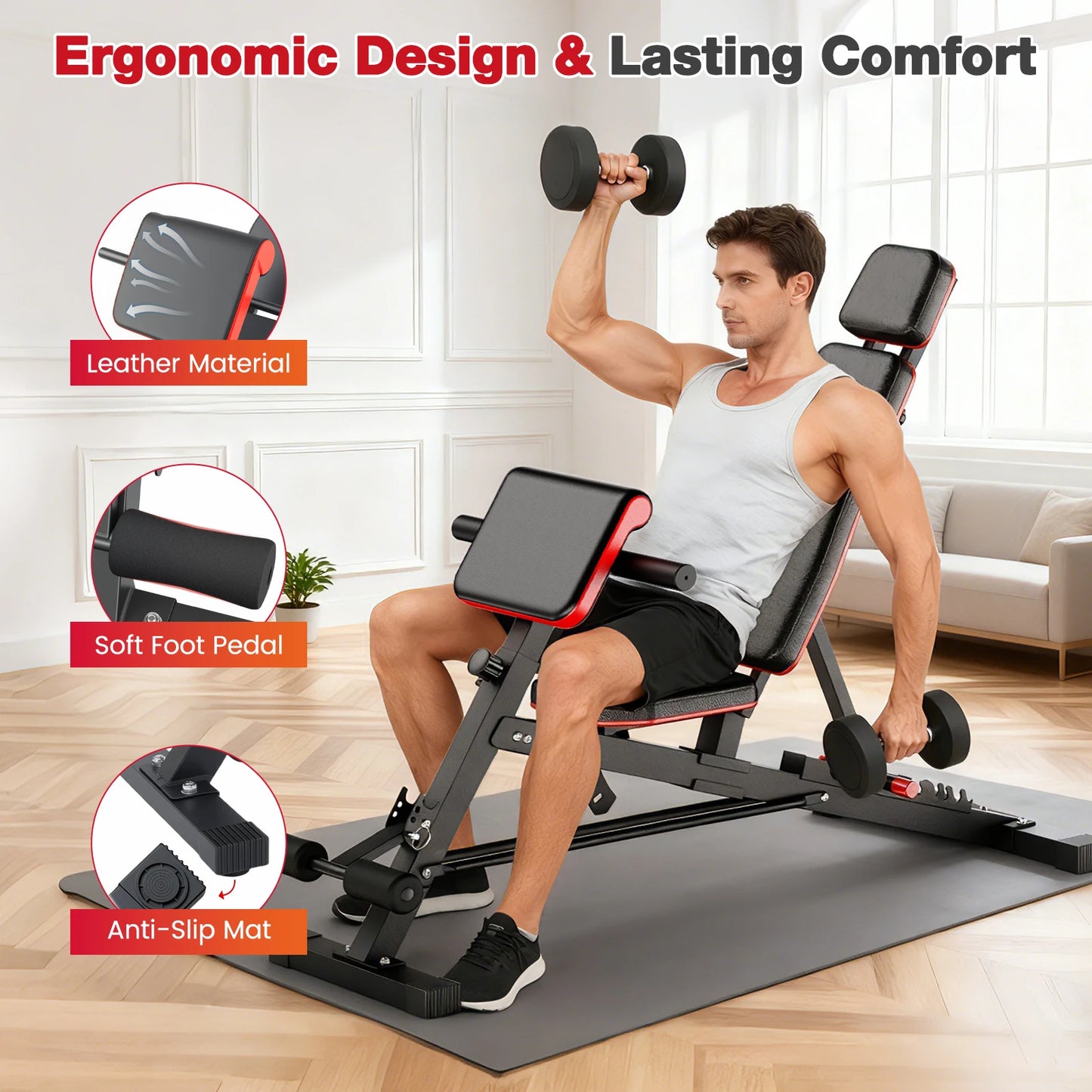 Adjustable Foldable Weight Bench With Roman Chair For Home Gym