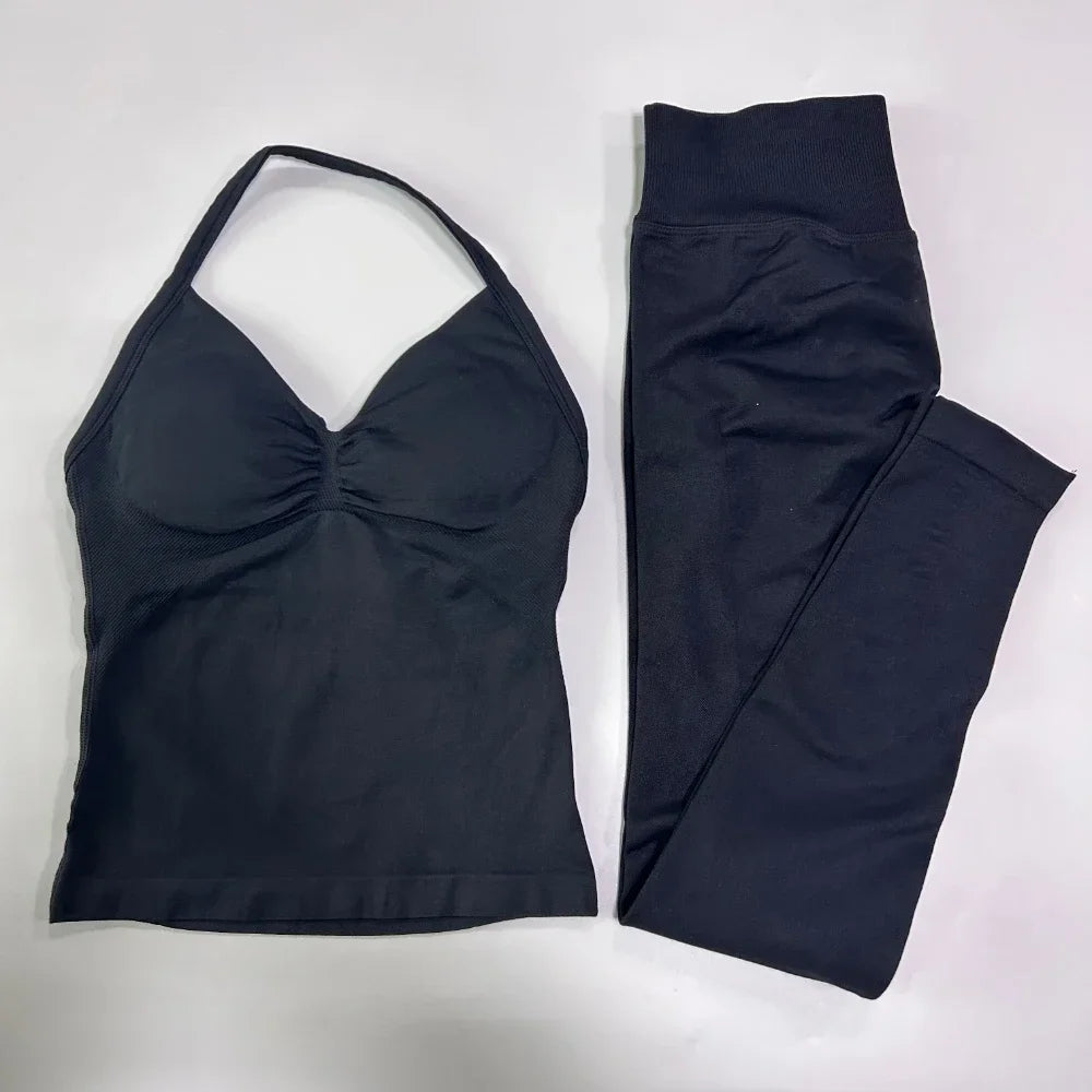 No Logo Seamless Gym Set Women Tank Tops Leggings Fitness