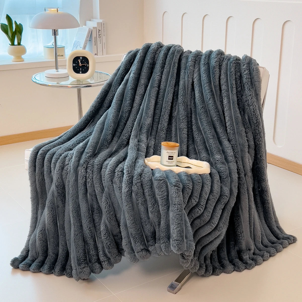Thickened Wide Striped Coral Fleece Blanket For Bed Nap Pet