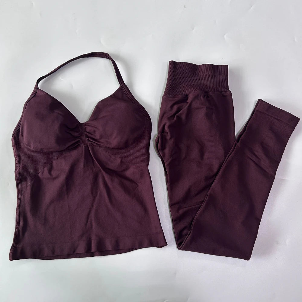 No Logo Seamless Gym Set Women Tank Tops Leggings Fitness