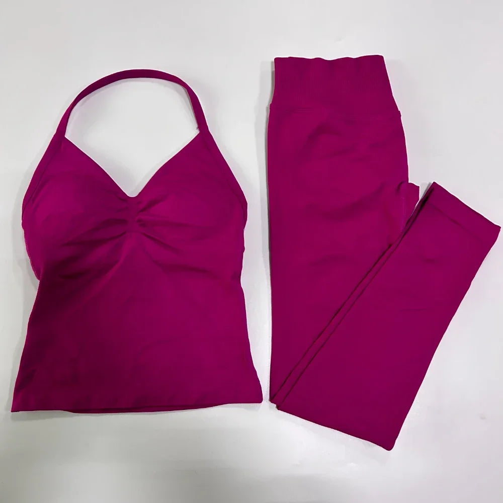 No Logo Seamless Gym Set Women Tank Tops Leggings Fitness