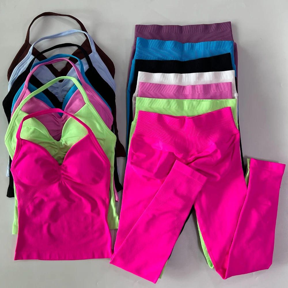 No Logo Seamless Gym Set Women Tank Tops Leggings Fitness