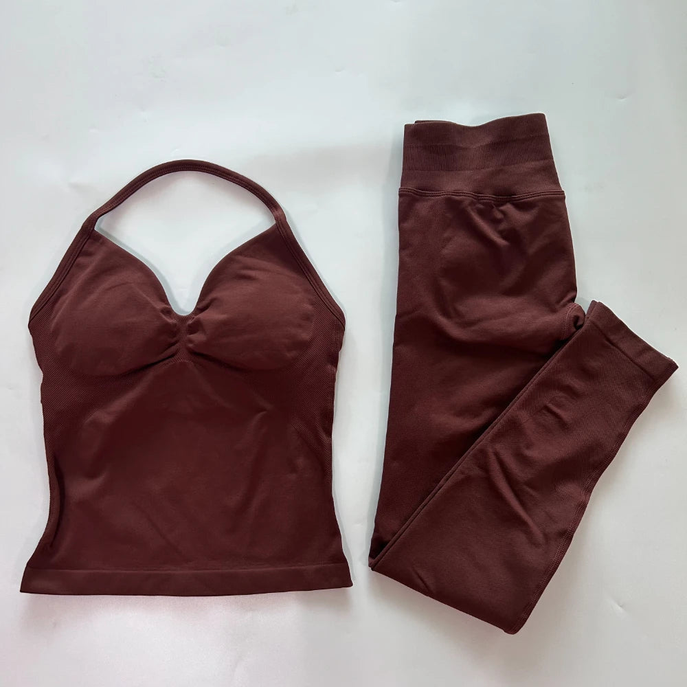 No Logo Seamless Gym Set Women Tank Tops Leggings Fitness