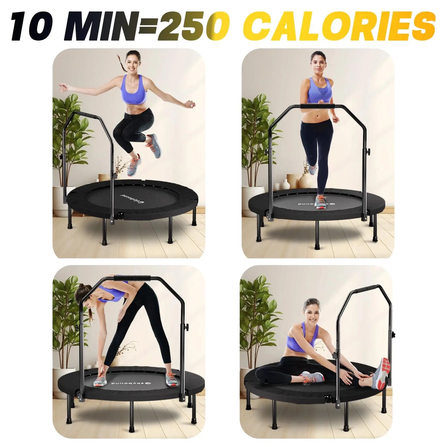 Foldable Mini Trampoline Fitness Rebounder With Adjustable Handle For Adults