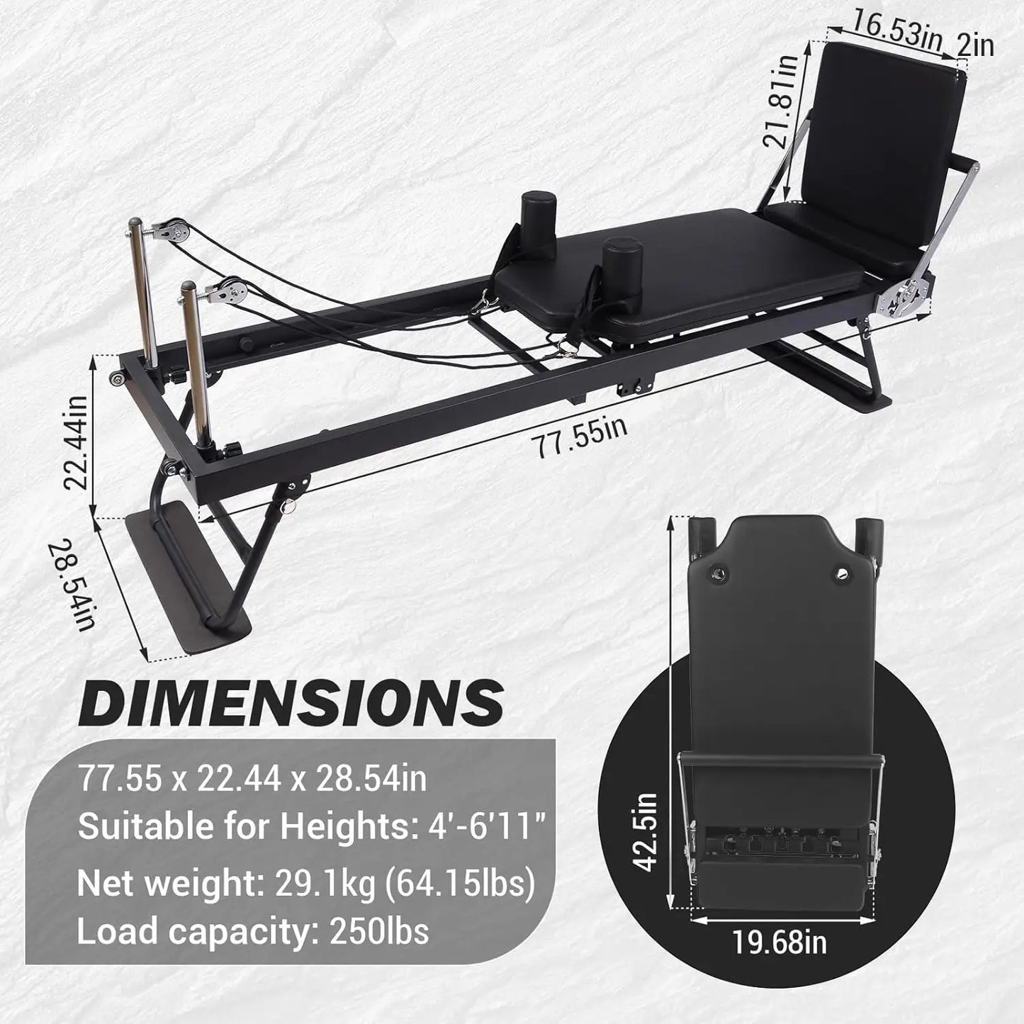 HiMISS Foldable Reformer Pilates Machine With Adjustable Heights And Springs