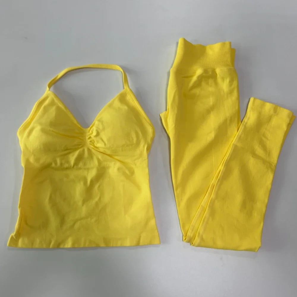 No Logo Seamless Gym Set Women Tank Tops Leggings Fitness