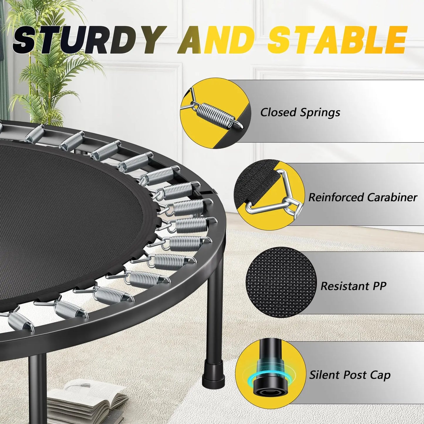 Foldable Mini Trampoline Fitness Rebounder With Adjustable Handle For Adults