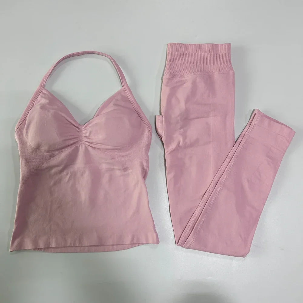 No Logo Seamless Gym Set Women Tank Tops Leggings Fitness