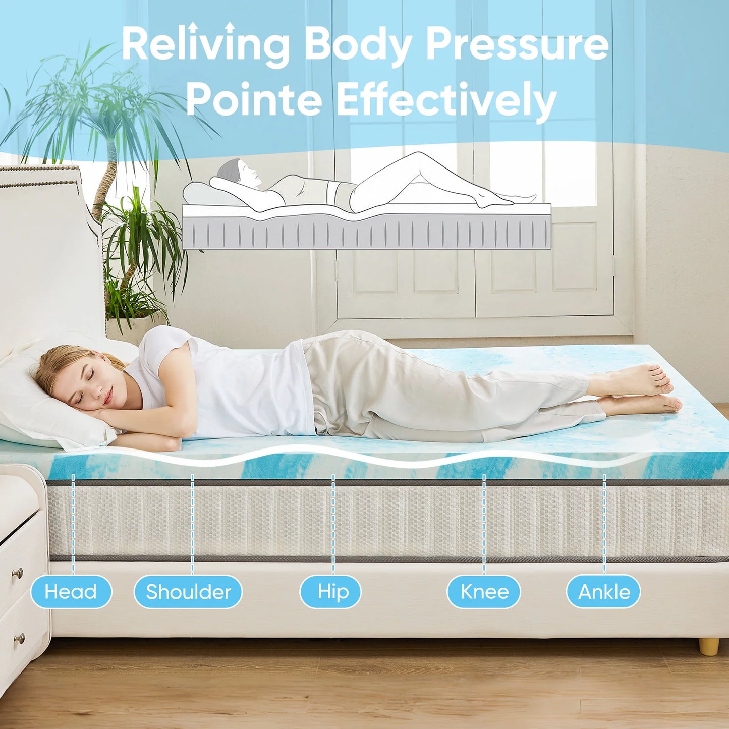 JHK Gel Memory Foam Mattress Topper Cooling For Bed