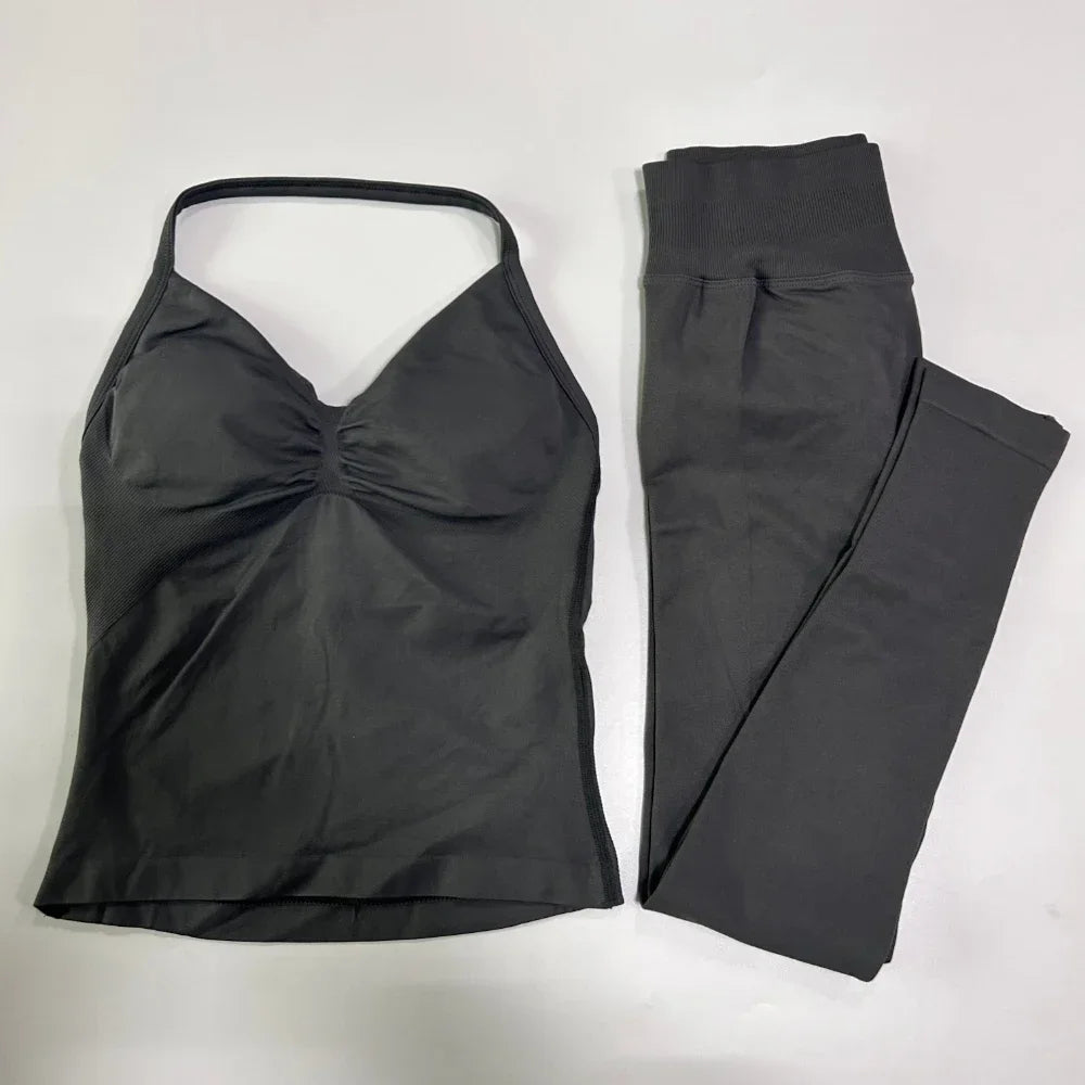 No Logo Seamless Gym Set Women Tank Tops Leggings Fitness